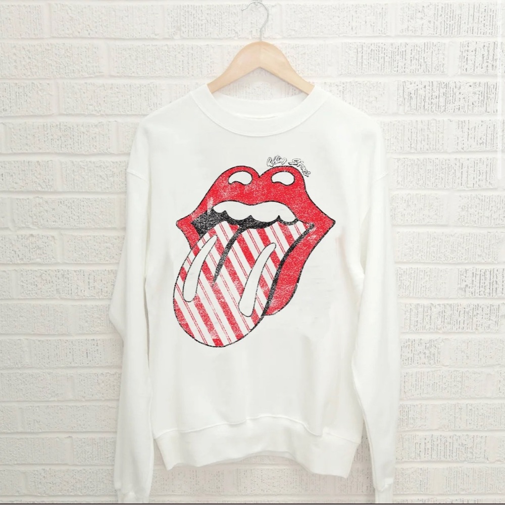 Rolling Stones Candy Cane Lick White Thrifted Sweatshirt